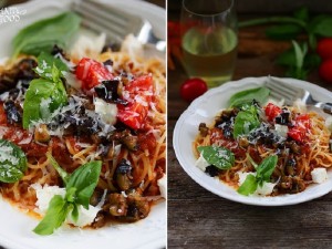 Паста с томатным соусом, баклажанами и фетой