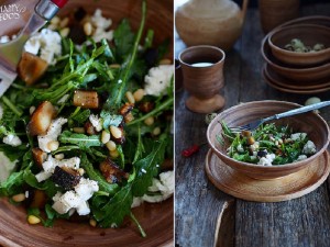 Простой салат с баклажаном, фетой и рукколой